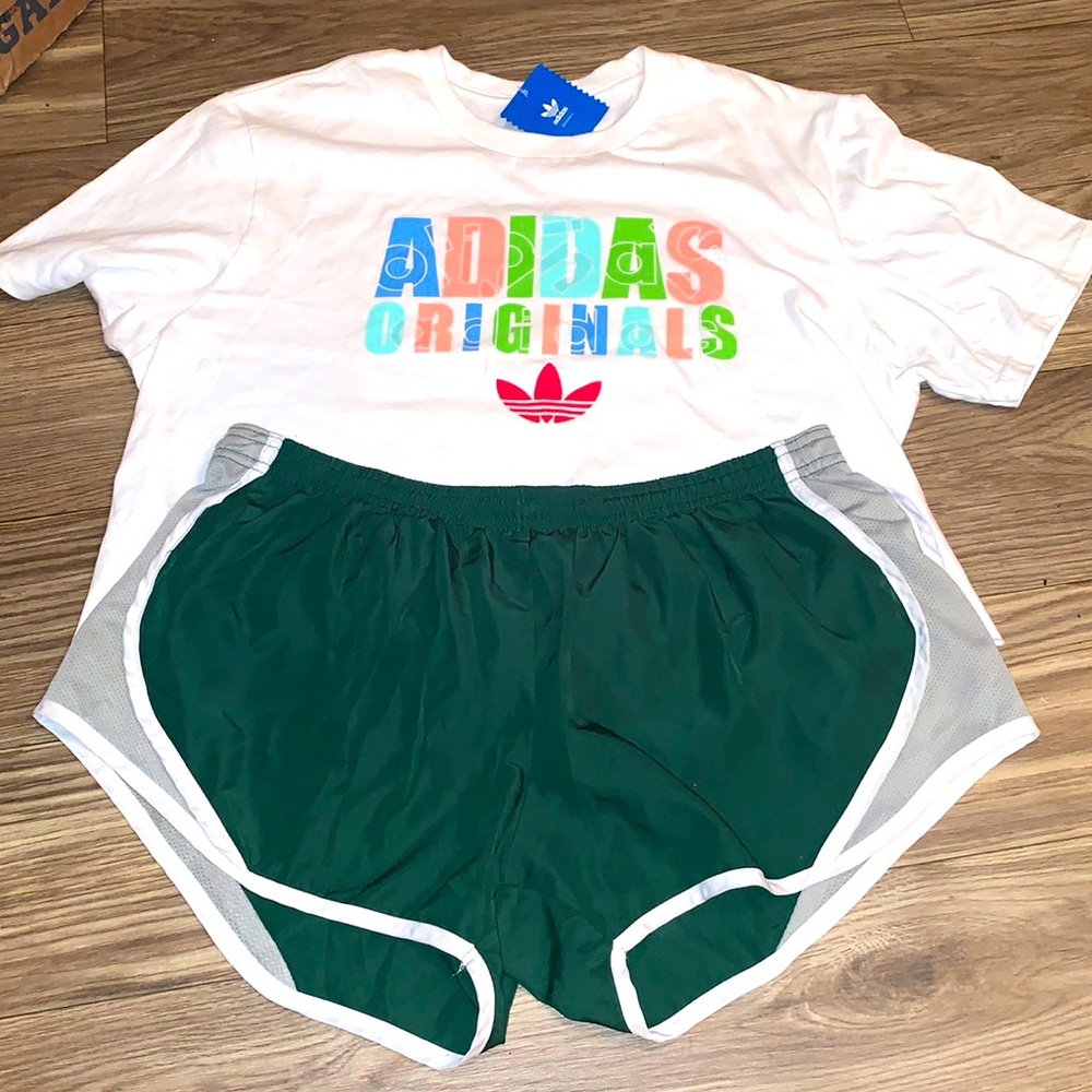Workout Bundle: New Adidas cropped shirt, Used Soffe green shorts